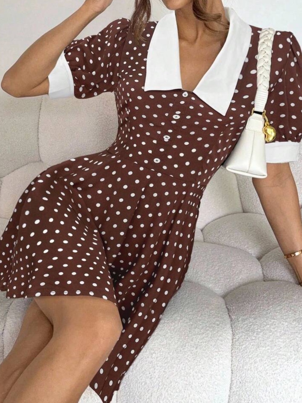 Polka Dot Brown Short Sleeve Dress with White Collar